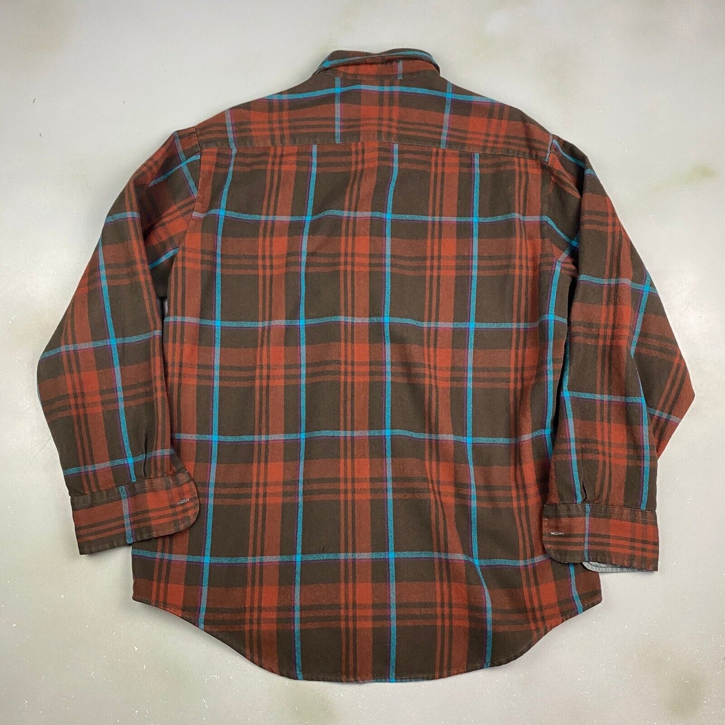 VINTAGE 80s Ozark Trail Brown Plaid Flannel Button Up Shirt sz Large Adult
