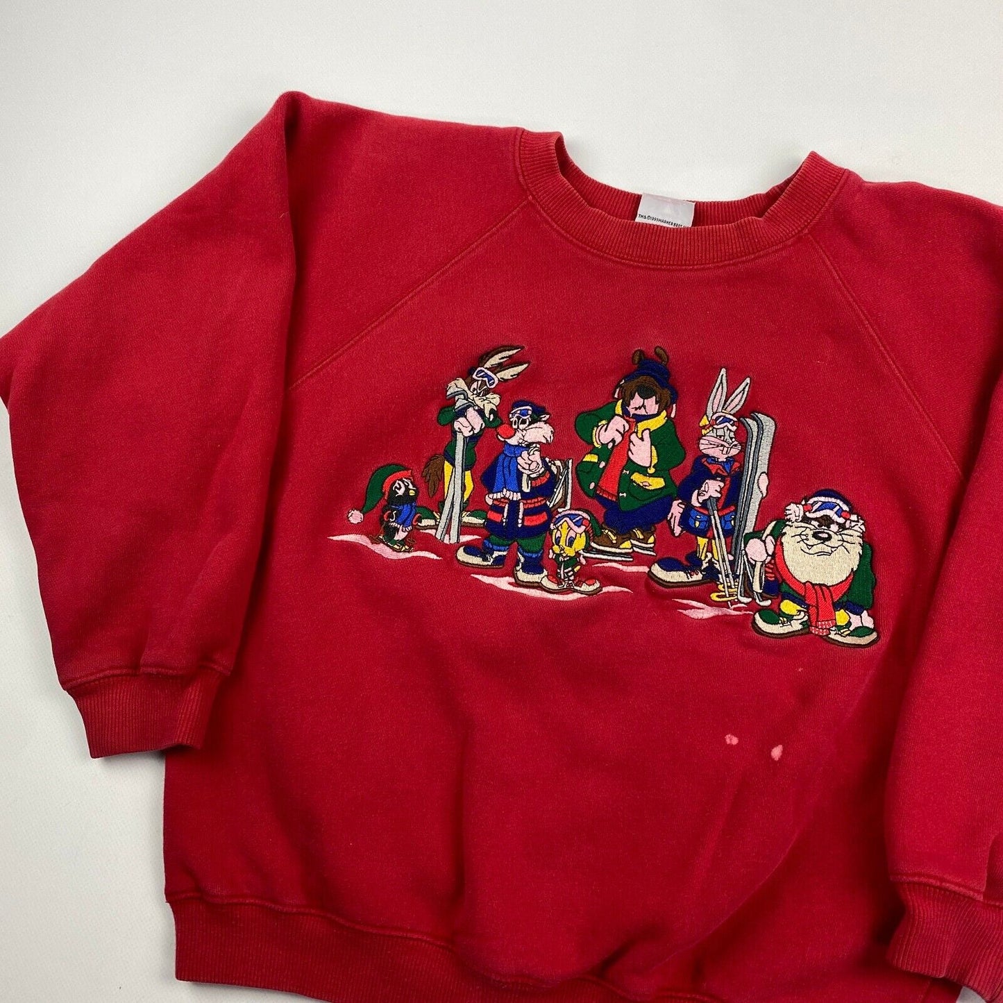 VINTAGE Looney Tunes Cartoon Skiing Embroidered Crewneck Sweater sz L Youth