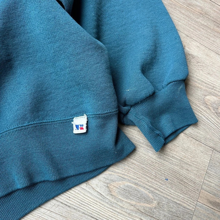 VINTAGE 90s | Russell Athletic Faded Blank Teal Blue Crewneck Sweater sz L
