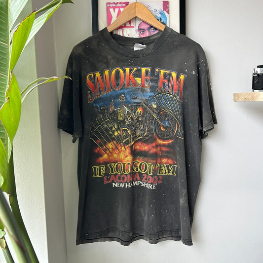 VINTAGE | Smoke Em' If You Got 'Em Faded Thrashed Biker T-Shirt sz L Adult