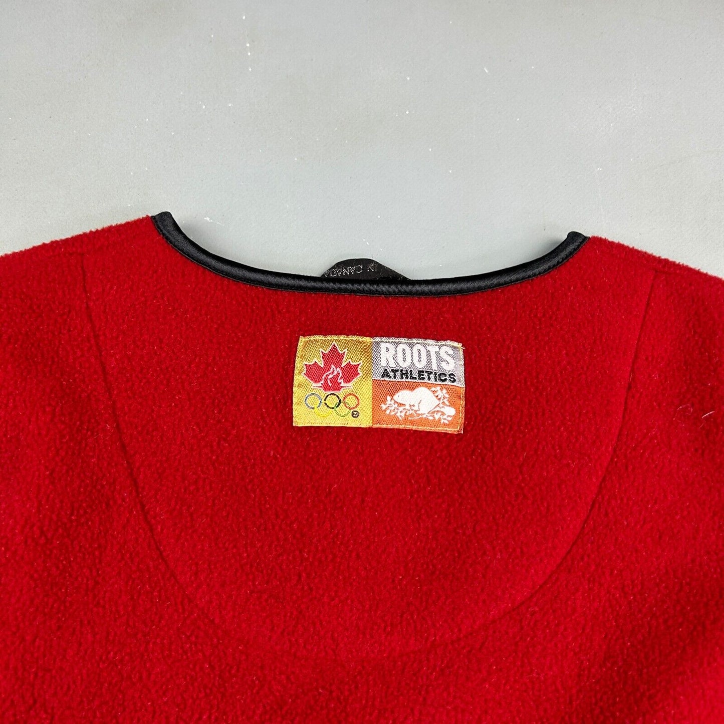 VINTAGE 90s ROOTS Athletics Olympics Red Fleece Zip Up Vest Sweater sz L Adult