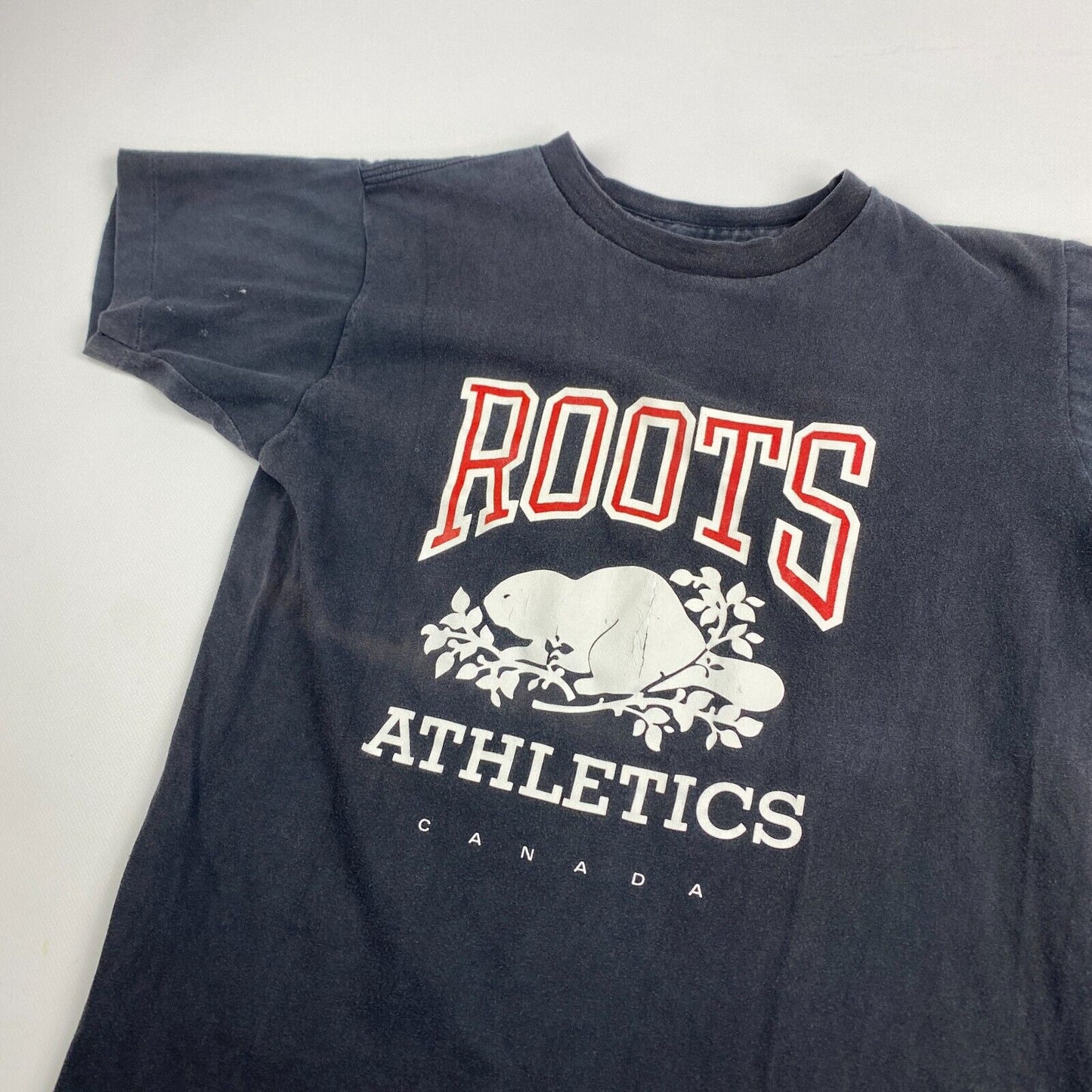 VINTAGE 90s ROOTS Athletics Canada Faded Black T-Shirt sz Small Men