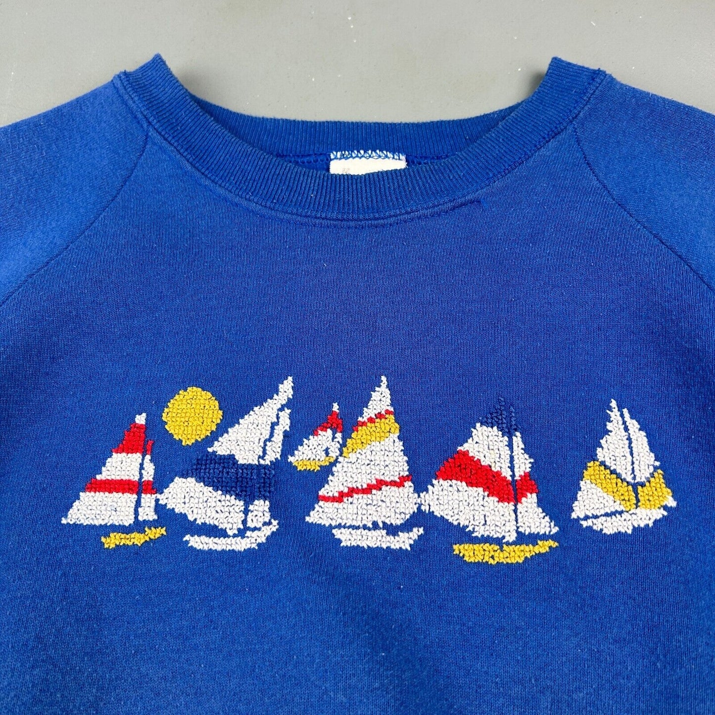VINTAGE 90s | Hand Knit Sail Boat Print Crewneck Sweater sz S-M Adult