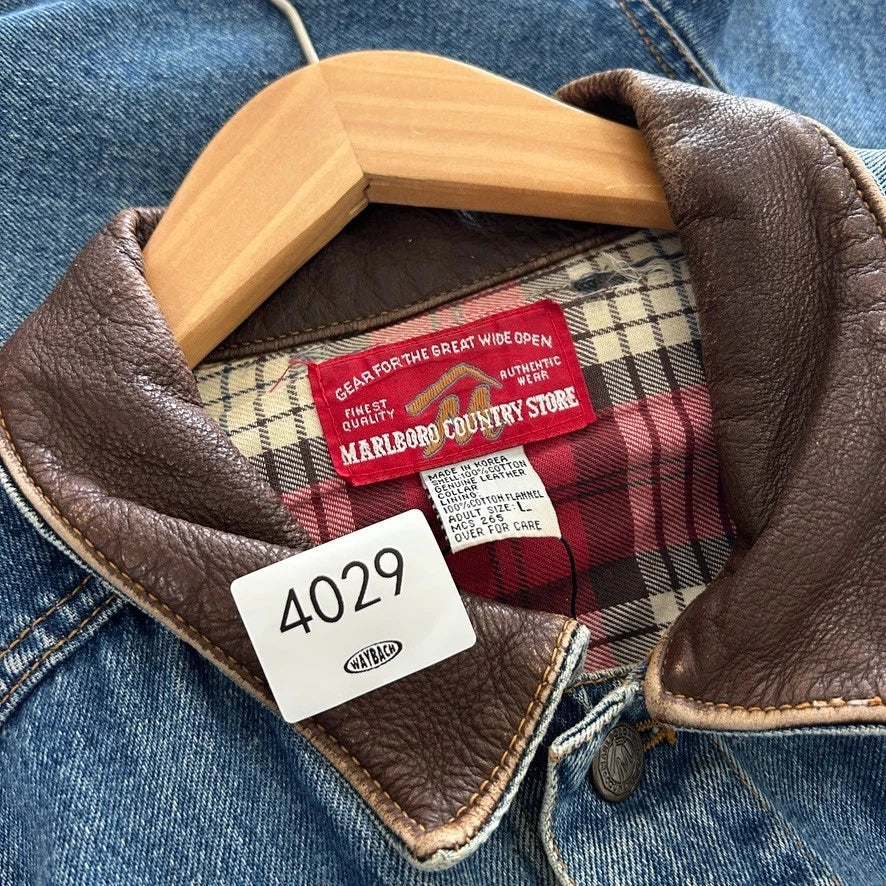 VINTAGE 90s | Marlboro Country Store Sun Faded Denim Trucker Jacket sz L