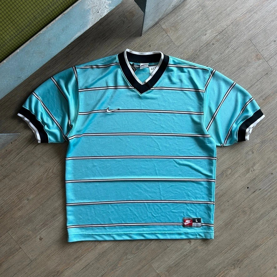 1990s | NIKE Team Sports Striped Teal Blue V-Neck Jersey T-Shirt sz L/XL