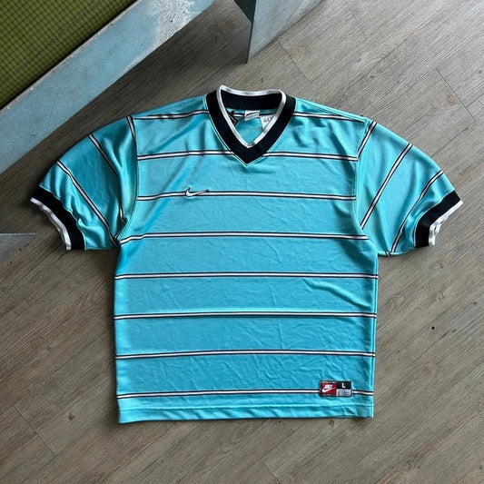 1990s | NIKE Team Sports Striped Teal Blue V-Neck Jersey T-Shirt sz L/XL