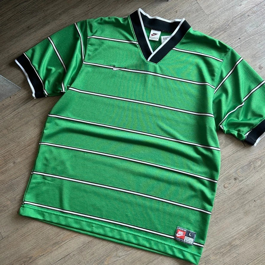 1990s | NIKE Team Sports Striped Green V-Neck Jersey T-Shirt sz L/XL
