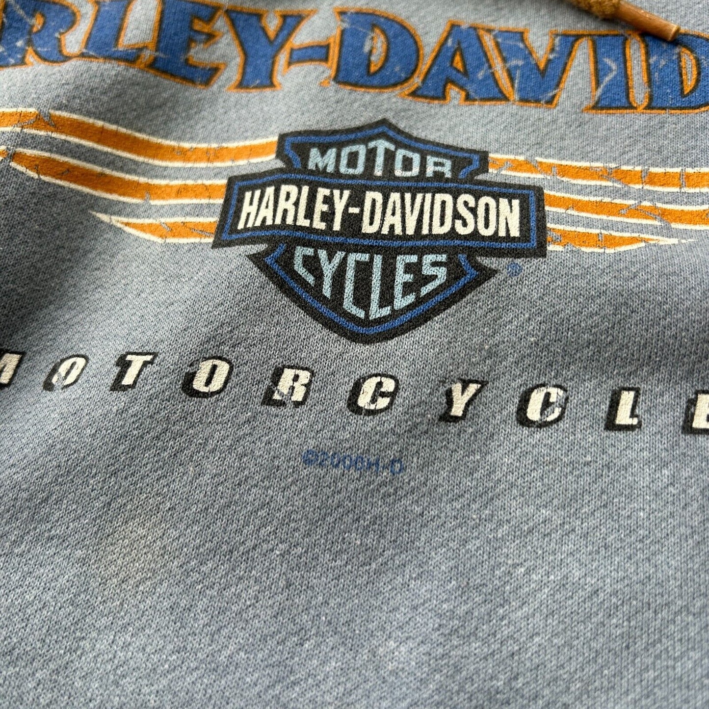 VINTAGE 2000 | Harley Davidson Tomahawk Light Blue Hoodie Sweater sz L Adult