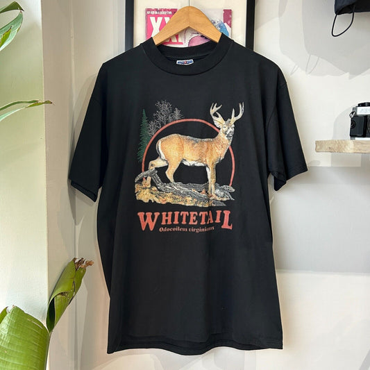 VINTAGE 90s | Whitetail Deer Hunter Black Nature T-Shirt sz L Adult