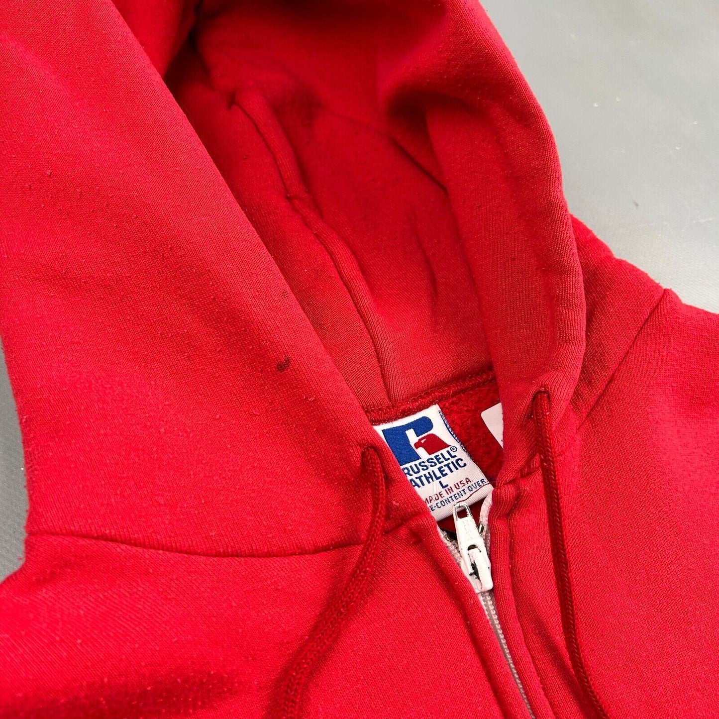 VINTAGE 90s Russell Athletic Blank Red Zip Up Hoodie Sweater sz Large Mens