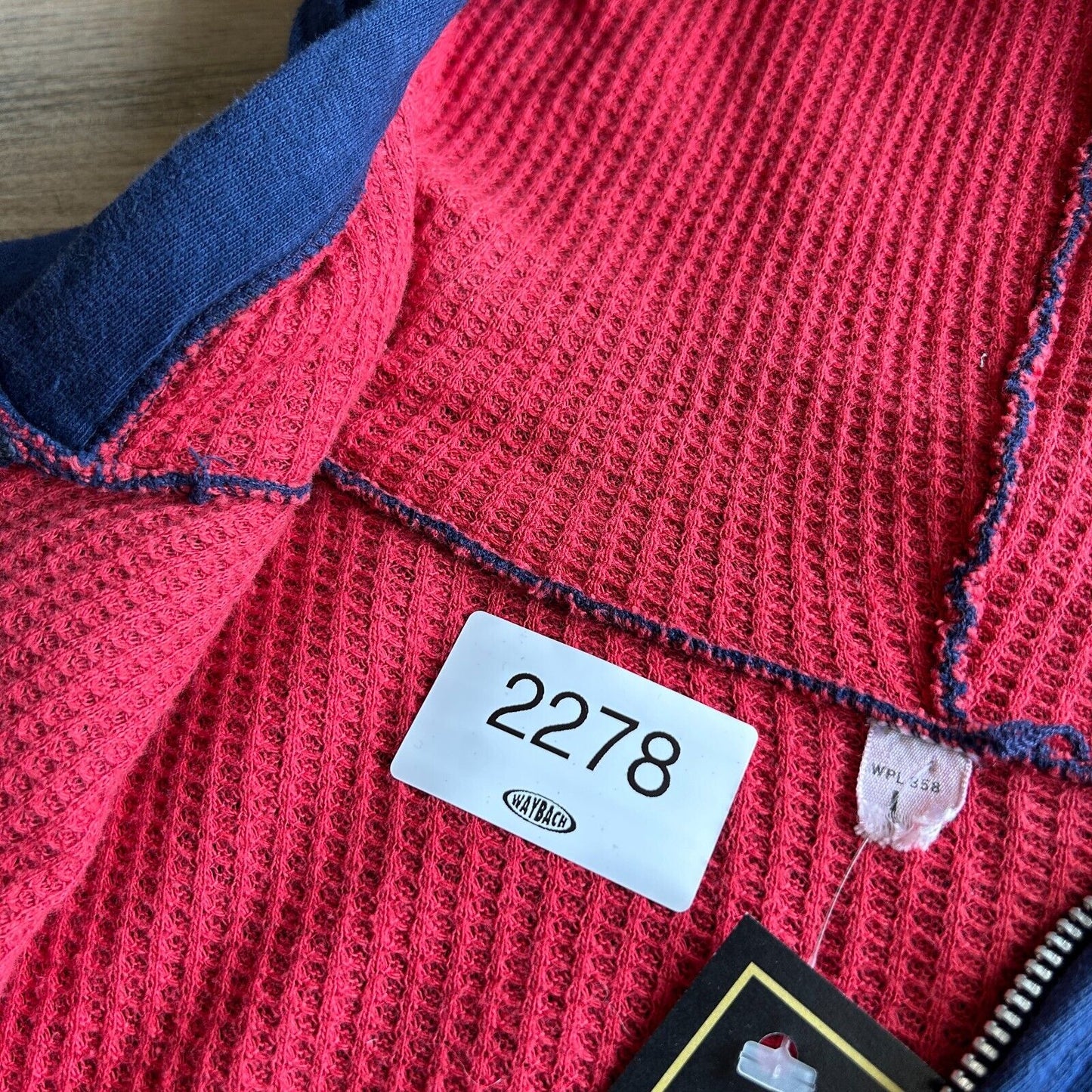 VINTAGE 60s 70s | Blank Red Thermal Lined Navy Zip Up Hoodie Sweater sz S Adult