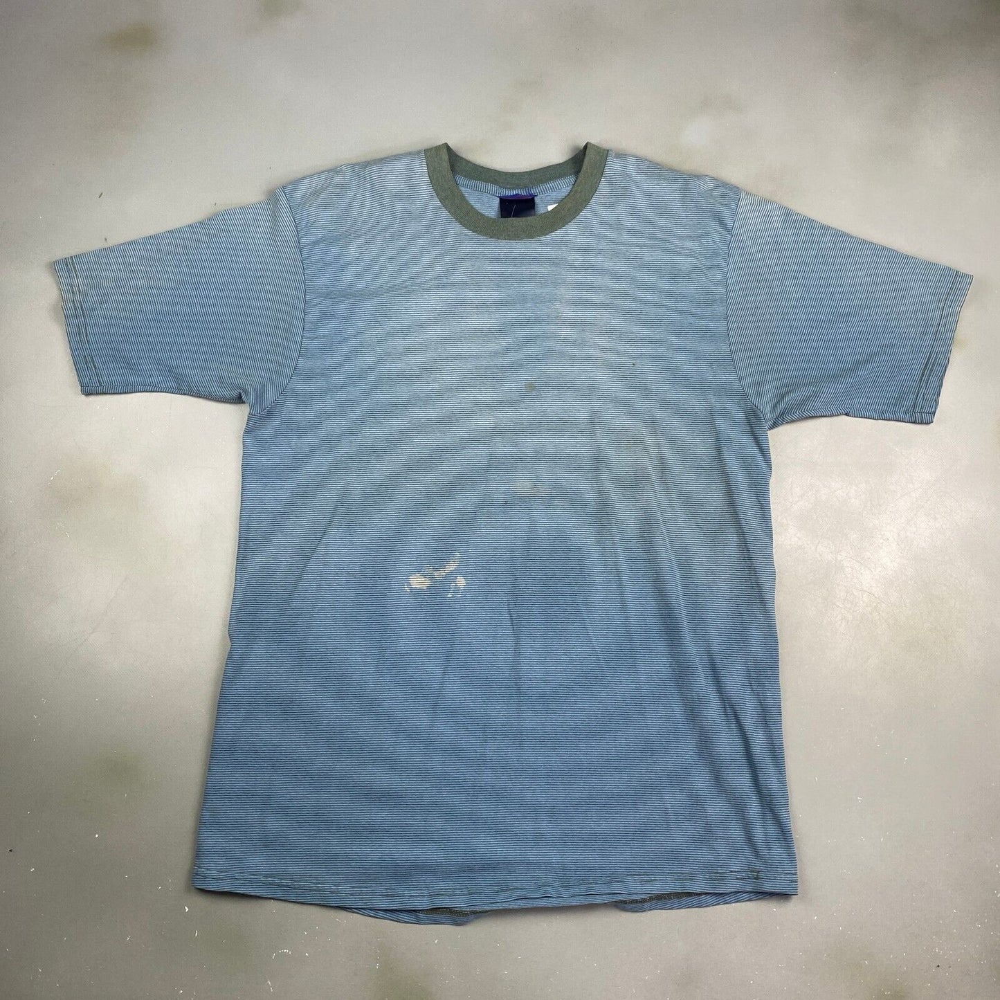 VINTAGE 90s Faded Striped Blue Ringer T-Shirt sz Large Adult