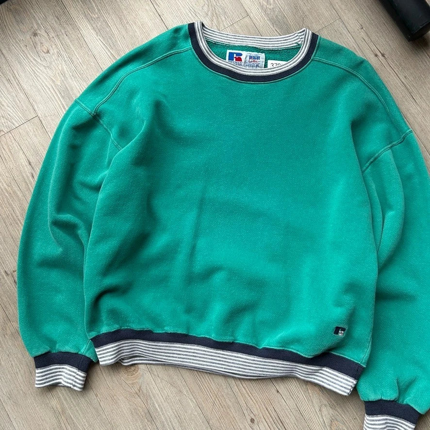 VINTAGE 90s | Russell Athletic Blank Teal Ringer Crewneck Sweater sz XL