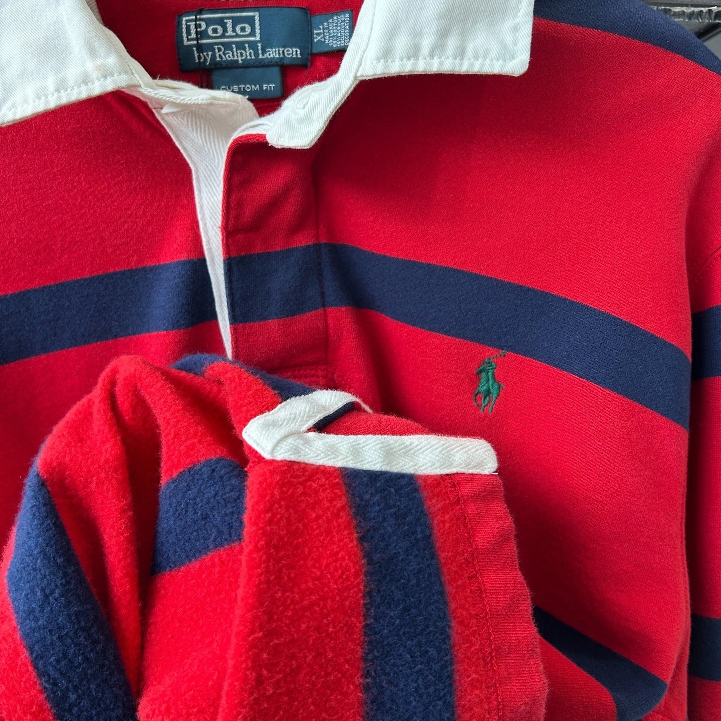 VINTAGE | Polo by Ralph Lauren Striped Sm Pony Rugby Fleece Shirt sz XL