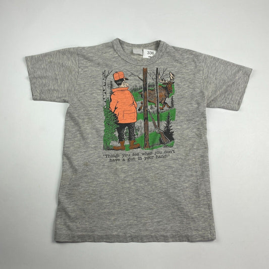 VINTAGE 80s Hunting Cartoon Graphic Grey T-Shirt sz Small Men