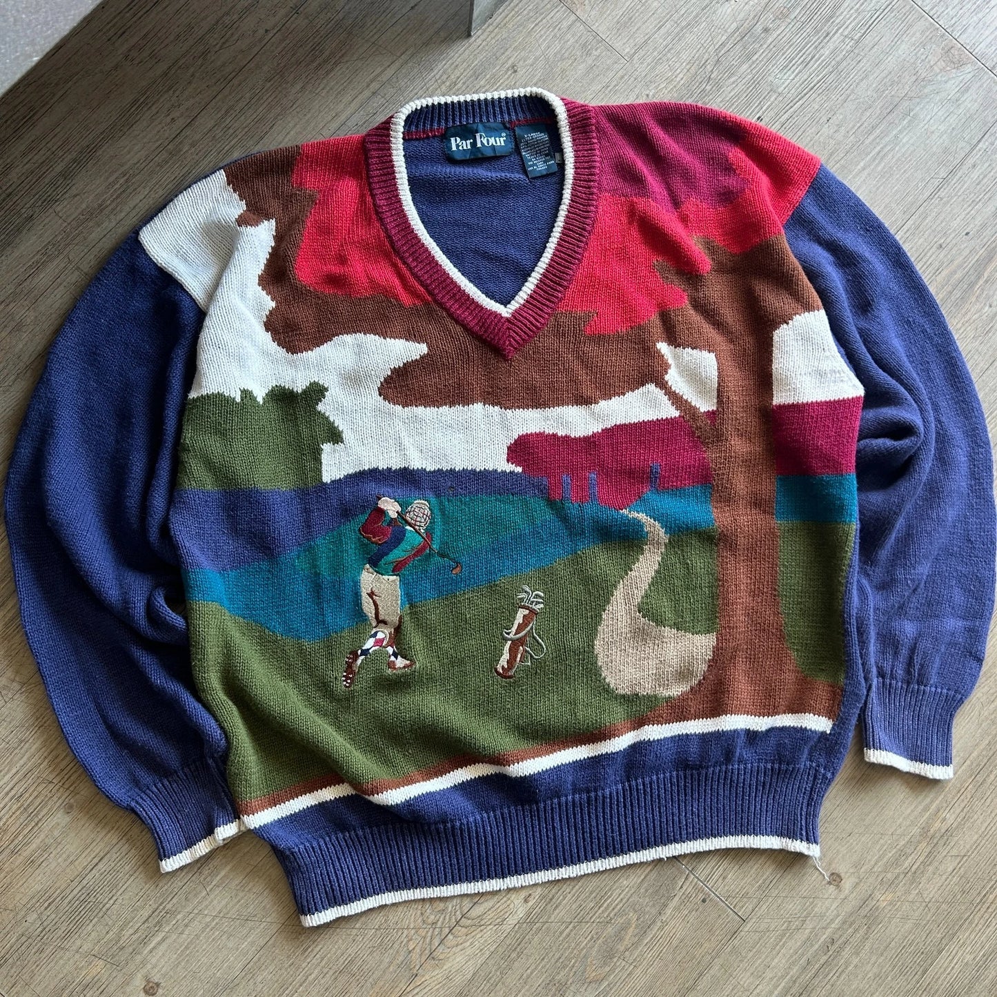 PAR FOUR | GOLF Shot Embroidered Artwork Vintage V-Neck Knit Sweater sz XL