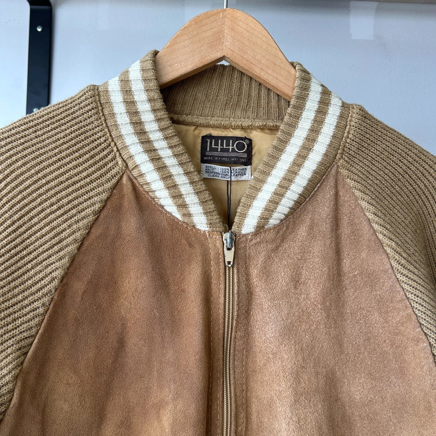 VINTAGE | 1440 Tan Suede Leather Knit Varsity Bomber Jacket sz S/M
