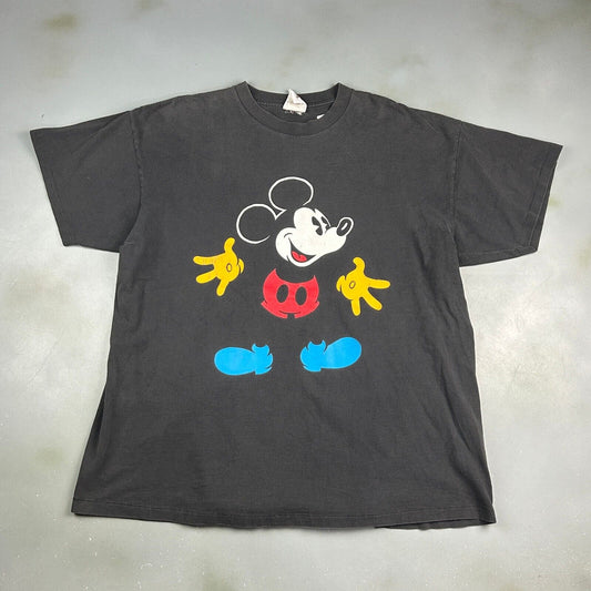 VINTAGE 90s Mickey Mouse Cartoon Black Faded T-Shirt sz XL Adult