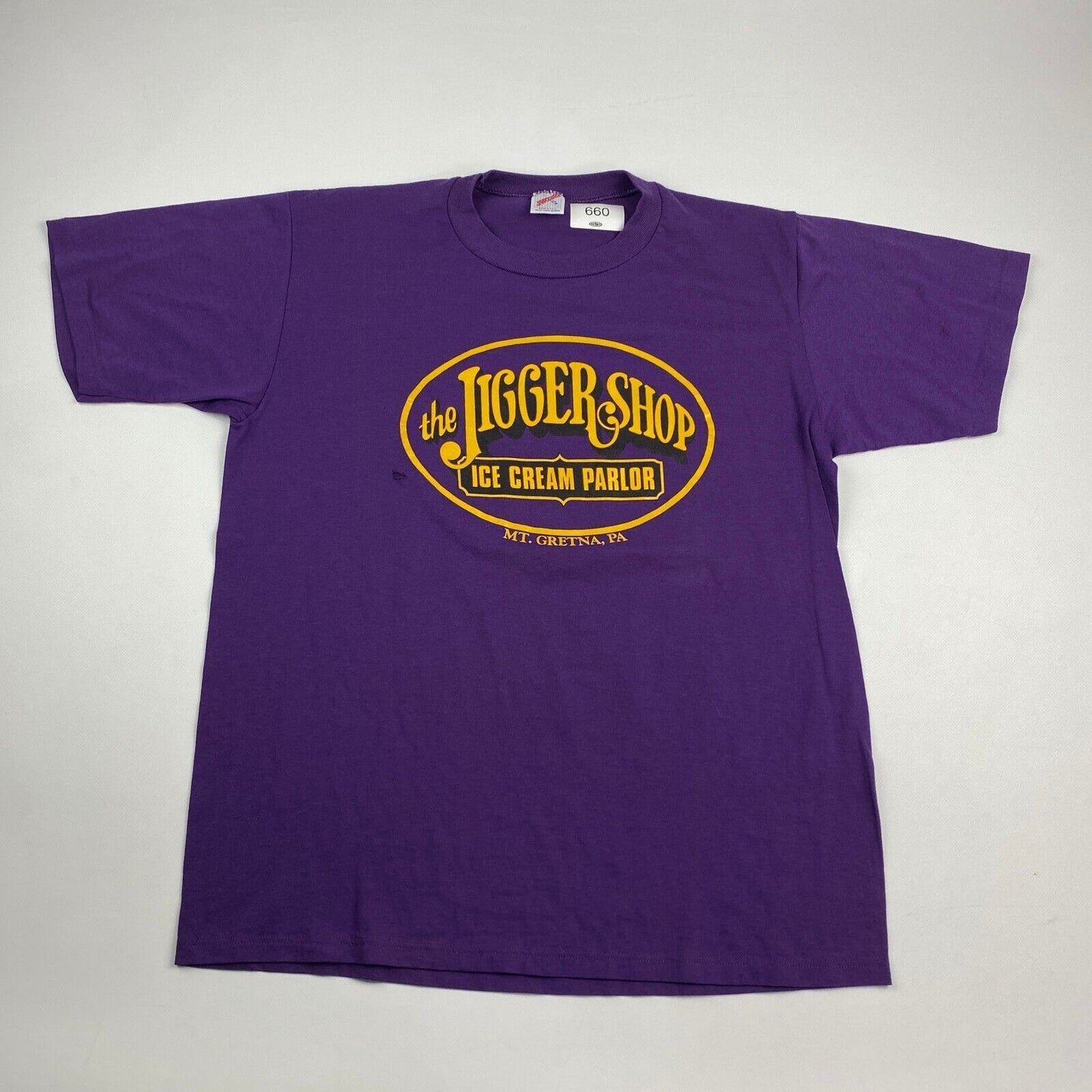 VINTAGE The Jigger Shop Ice Cream Parlour Purple T-Shirt sz Large Men