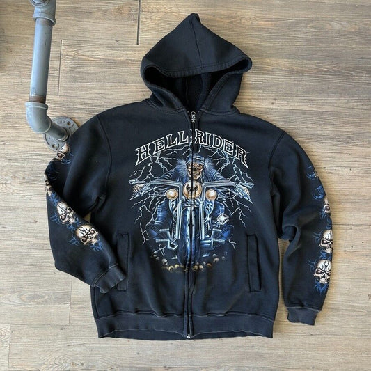 VINTAGE | Hell Rider Zip Up Biker Hoodie Sweater sz M